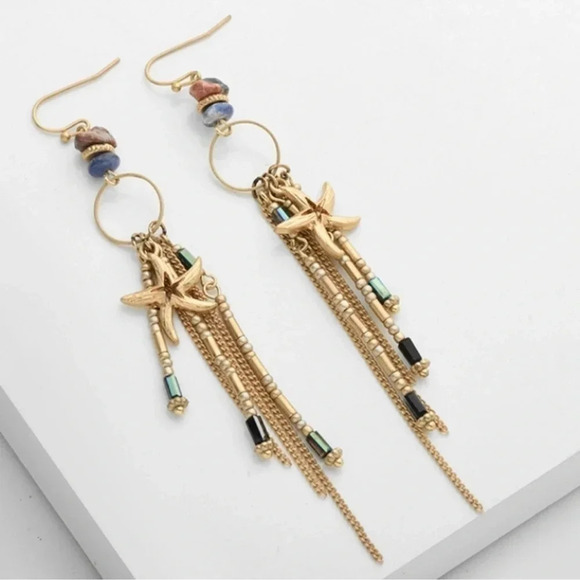Gold Starfish Earrings Hematite Lapis Jasper - Picture 1 of 12